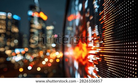 A close-up view of a digital screen displaying abstract patterns, with a blurred cityscape and bokeh lights reflected on its surface.