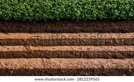 A close-up view of distinct horizontal layers of soil and vegetation, illustrating the stratification of the earth.