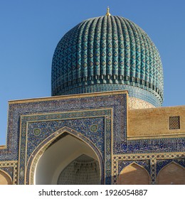 Closeup View Of The Dome Of Landmark Monument Gur E Amir, Mausoleum Of Amir Timur Or Tamerlane In UNESCO Listed Samarkand, Uzbekistan