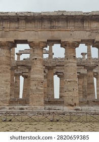 Close-up view of Doric columns at ancient Greek temple, Paestum, Italy