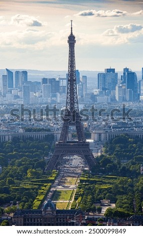 Close-up view of Eiffel tower view from Tour Montparnasse in summer, Paris France.