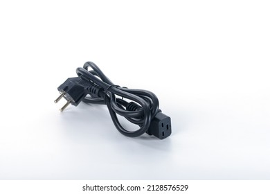 Close-up View Of Electrical Plug, Black Power Cord Isolated On White Background