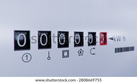 Close-up view of electrometer measuring electricity consumption. Animation with kWh counter. Electric meter display changing numbers. Concept of rising costs of electric power. Home power supply.