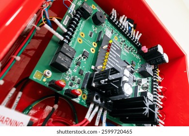 Close-up view of an electronic circuit board featuring various components and colorful wiring, illustrating intricate technology and engineering processes involved in modern devices.