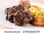 A closeup view of an entree of Jamaican oxtails.