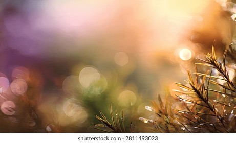 A close-up view of evergreen pine needles with soft golden bokeh light and a dreamy, ethereal atmosphere.