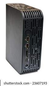 Close-up view to external hard disk drive with USB, Firewire and sATA connectors on white background. Not isolated, shot in studio on white.