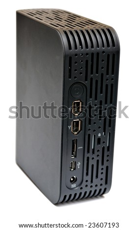 Close-up view to external hard disk drive with USB, Firewire and sATA connectors on white background. Not isolated, shot in studio on white.