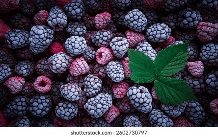 A close-up view features an array of frozen raspberries and blackberries, showcasing their unique textures. A fresh green leaf adds a pop of color to the scene, enhancing visual appeal
