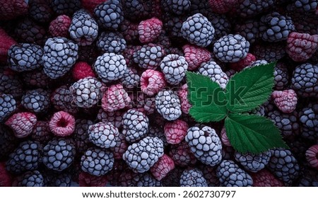 A close-up view features an array of frozen raspberries and blackberries, showcasing their unique textures. A fresh green leaf adds a pop of color to the scene, enhancing visual appeal