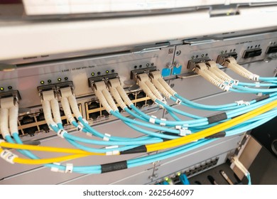 Close-up view of fiber optic connection cables in a data center. The organized layout emphasizes technology, connectivity, and efficient data transmission for modern networks.