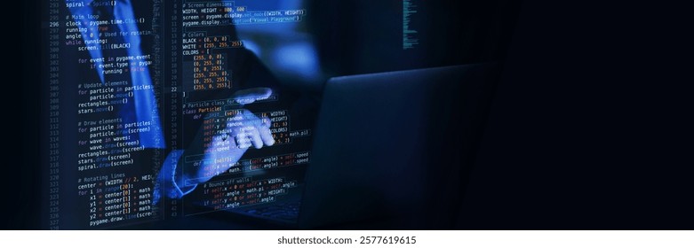 Close-up view of fictional code projected over typing hands, emphasizing interaction in virtual space between human creativity and digital technology. Concept of IT solutions, applications. Ad
