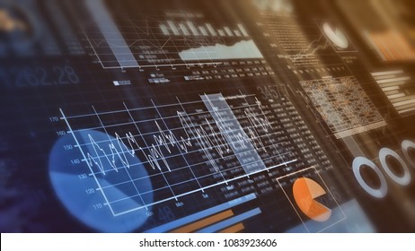 close-up view of financial graphs, bar, circle and line charts (3d render)