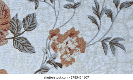 A close-up view of a floral pattern featuring soft brown and beige flowers with green leaves on a light background.