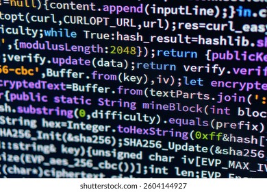Close-up view of a focused computer screen displaying JavaScript code, with highlighted functions Depth of field creates an impression of gazing towards the legible text in midground Possibly taken