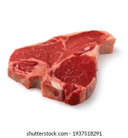 Close-up View Of Fresh Raw Porterhouse Steak Short Loin Cut In Isolated White Background