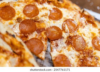 A close-up view of freshly baked pepperoni pizza, featuring golden melted cheese and savory slices of pepperoni, enjoyed by diners in a lively atmosphere. - Powered by Shutterstock