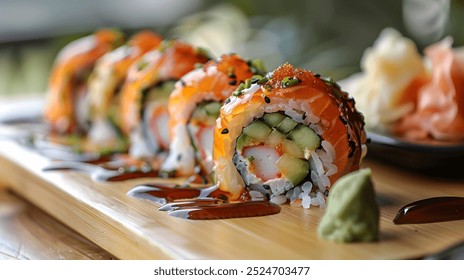 A close-up view of a freshly prepared maki sushi roll, showcasing a variety of vibrant ingredients such as fish, avocado, and rice neatly rolled together.