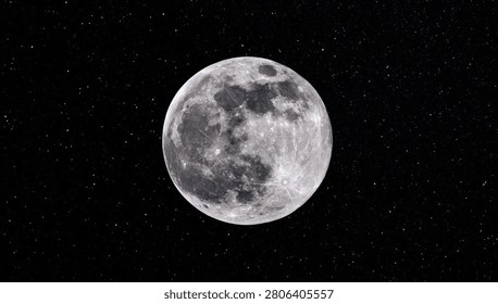 A close-up view of the full moon, showcasing its craters and surface details, set against a dark, star-filled night sky.