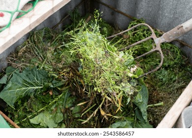 A close-up view of a garden fork lifting organic compost material in a sustainable home garden environment - Powered by Shutterstock