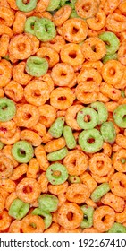 Closeup View Of Generic Apple Jacks Breakfast Cereal Colorful Orange And Green