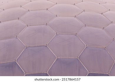 Close-up view of a geodesic dome structure featuring hexagonal panels, showcasing a modern architectural design with a soft, muted color palette. - Powered by Shutterstock