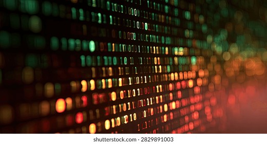 A close-up view of glowing binary code, representing data flow and digital information, with a bokeh effect of colorful lights.