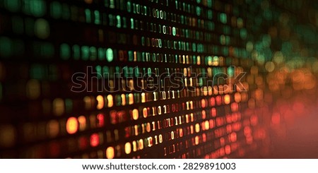 A close-up view of glowing binary code, representing data flow and digital information, with a bokeh effect of colorful lights.
