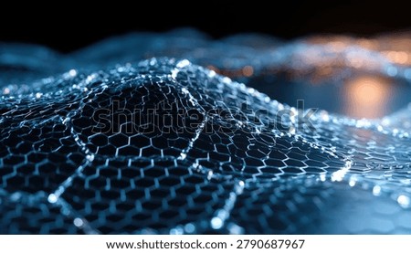 Close-up view of a glowing blue hexagonal lattice, representing a graphene sheet or a similar nanomaterial structure.