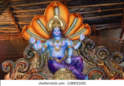 Closeup View Of God Vishnu Idol,made Out Of POP Material,in Blessing Pose,for Worshiping In Ganesh Chathurthi Festival                                    