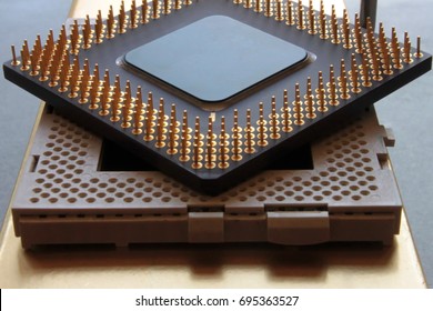 Closeup view of golden computer microprocessor pins