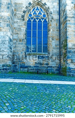 Close-up view of a Gothic tracery window at St. Andrew's Church in Hildesheim, Germany. The vertical composition highlights historic stone architecture and intricate Gothic design.