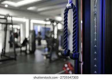 Close-up view of a gym cable machine attachment featuring twisted rope handles, with various fitness equipment in the blurred background