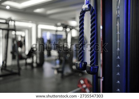 Close-up view of a gym cable machine attachment featuring twisted rope handles, with various fitness equipment in the blurred background