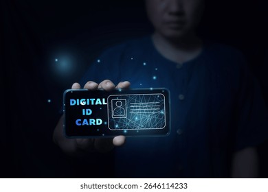 Close-up view of a hand holding a smartphone with a glowing digital ID card interface. The futuristic technology concept is emphasized against a dark background, suggesting innovation and security.