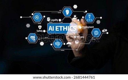 A close-up view of a hand interacting with a digital interface, highlighting AI ethics with key concepts such as privacy, safety, and legality, emphasizing responsible technology use. Tessel