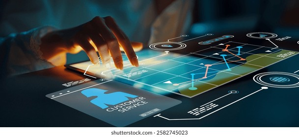 A close-up view of a hand interacting with a high-tech touchscreen displaying customer service metrics, combining data analysis and innovative technology in a business context.