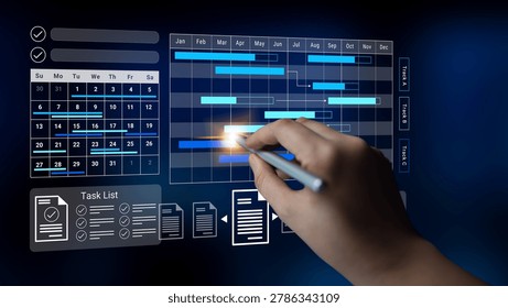 A close-up view of a hand using a digital pen on a futuristic calendar and task management interface, ideal for showcasing productivity tools and project organization. Gantry