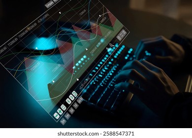 A close-up view of hands typing on a luminous keyboard, enhanced by vibrant charts and graphs on a transparent screen, illustrating modern data analytics.