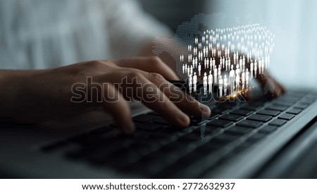 Close-Up View of Hands Typing on Laptop Keyboard with Digital Graphical Representation of Diverse People Connecting Online Quark.
