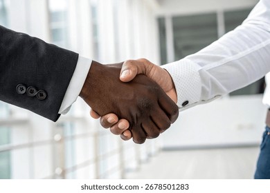 Close-up view of a handshake between two people in business attire.  Focus on the hands, showing a strong connection.