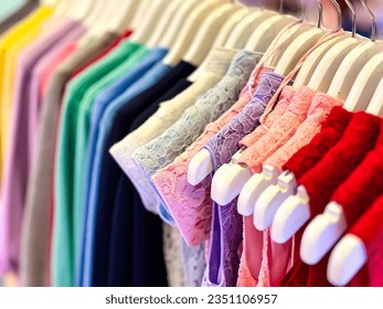 A close-up view of the hangers of various types of women's clothing.