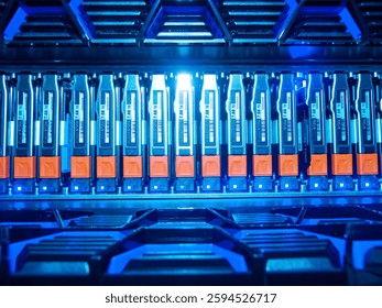 A close-up view of a high-tech data storage system featuring multiple devices. The image highlights glowing lights and organized cables, representing modern technology and efficient data management.