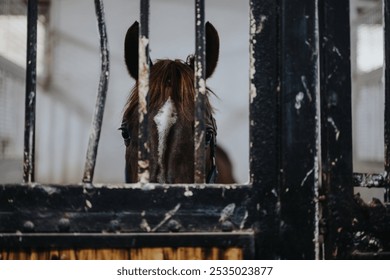 Close-up view of a horse peering through the bars of a stable in a rustic barn setting. Captivating and concerned expression. - Powered by Shutterstock