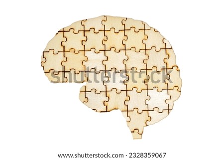 Close-up view of a human brain created with interlocking wooden puzzle pieces. Conceptual representation of intelligence, problem-solving, and the complexity of the mind.