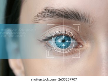 Close-up view of a human eye with digital scanning technology overlay indicating biometric identification process - Powered by Shutterstock - Get 15% off with code: PIKWIZARD15