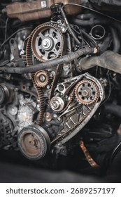 A close-up view of an internal combustion engine with gears, belts, and other components. The image focuses on mechanical parts.
