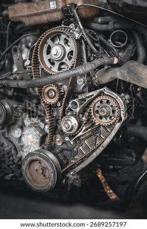 A close-up view of an internal combustion engine with gears, belts, and other components. The image focuses on mechanical parts.