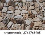 A close-up view of an irregular stone wall with rough textures and natural color variations
