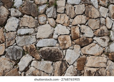 A close-up view of an irregular stone wall with rough textures and natural color variations